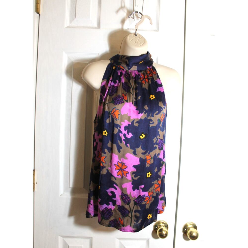 Oliphant Blue Floral Sleeveless Tie Neck Top sz XS NEW